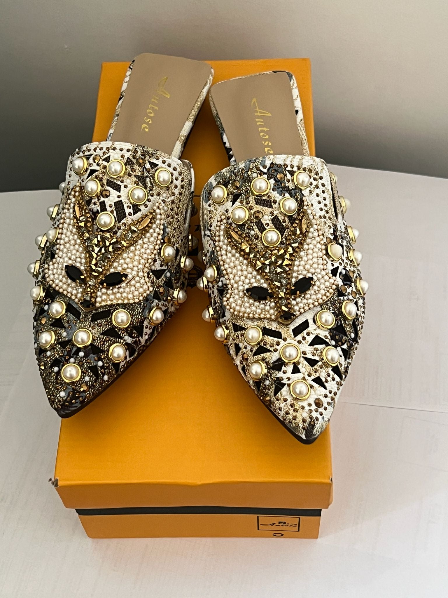Pearl Embellished Pointed Mule Flats