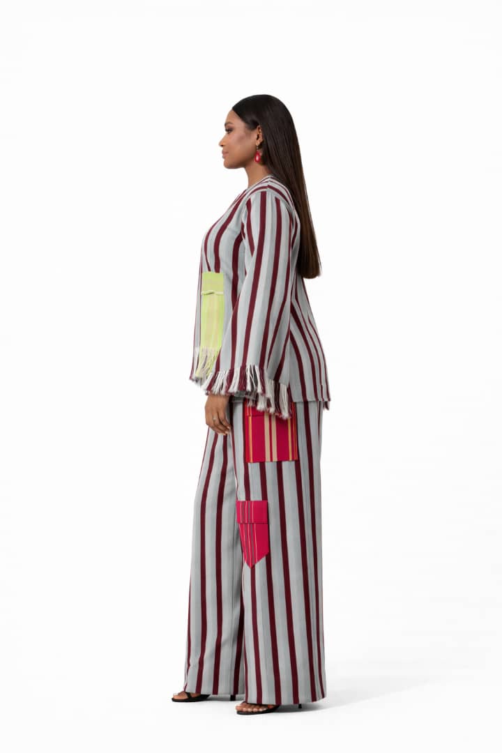 Artisan Fringe Two-Piece Set – Striped Top & Wide-Leg Trousers