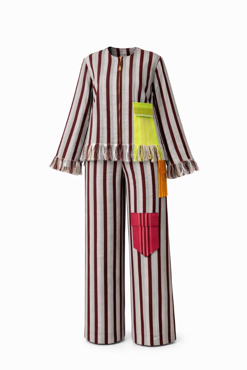 Artisan Fringe Two-Piece Set – Striped Top & Wide-Leg Trousers